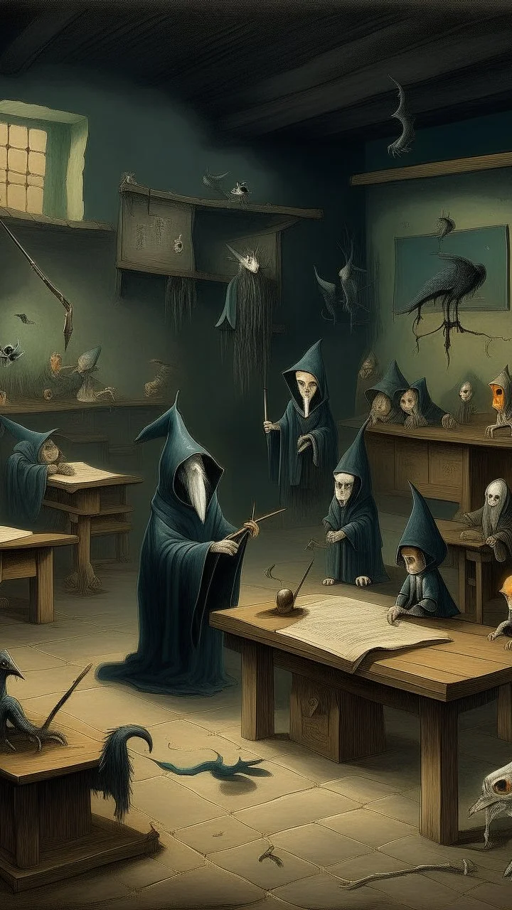 Bosch painting style nightmare, a dark children class room all children’s sitting on the desks are ghost and the teacher is a hooded creature holding a stick in front of the blackboard