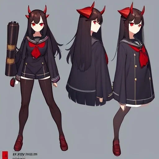 Clear focus,High resolution, Black long hair, Red eyes, Red horns, Wearing a black and red sailor uniform, Holding a cannon, Looking away from the viewer, Full body, Concept art