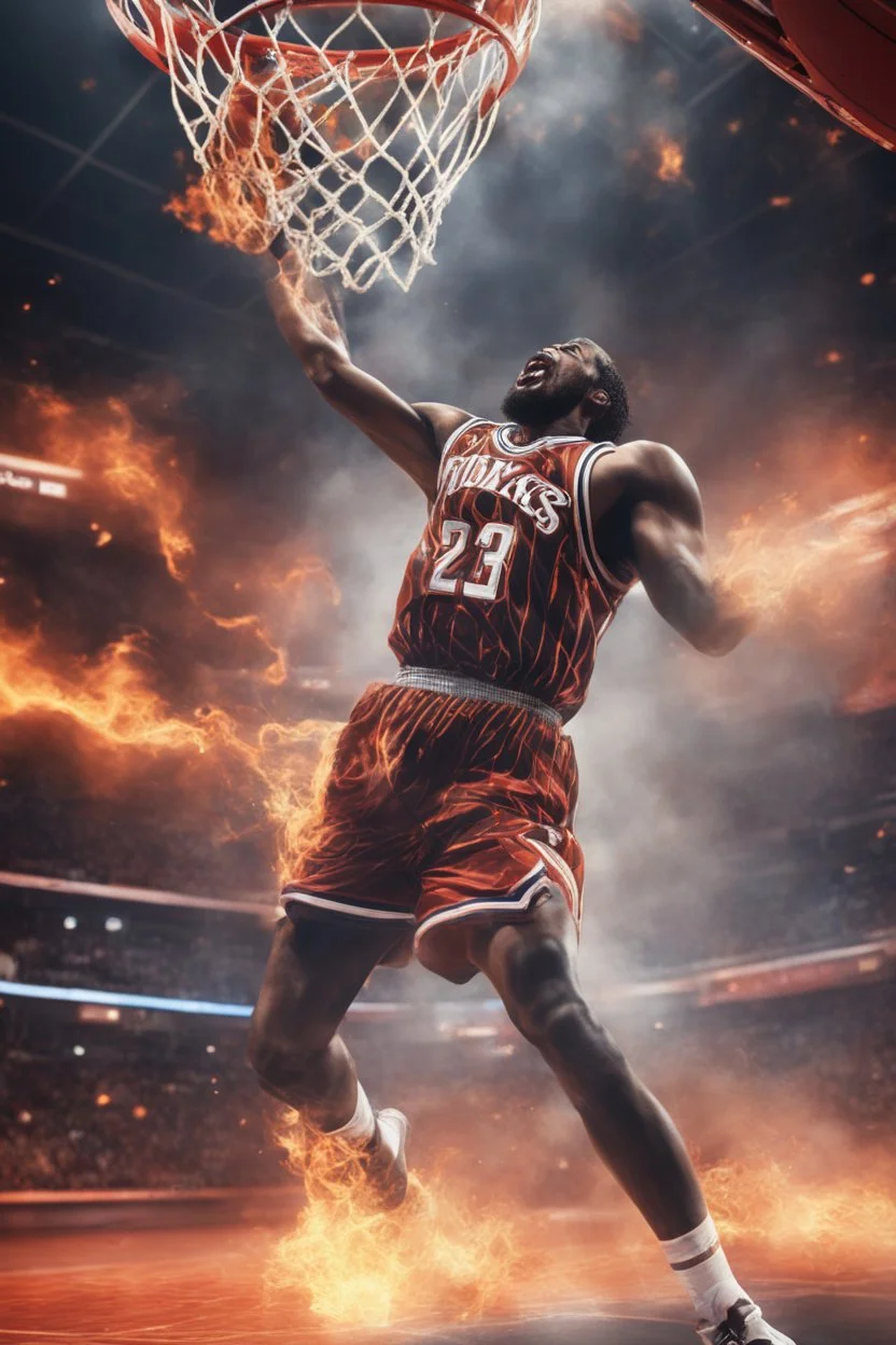 8k, highly realistic and detailed image of a NBA basketball player in action dunking the ball in the net, sweaty hair, screaming look,action and smoke and flames background