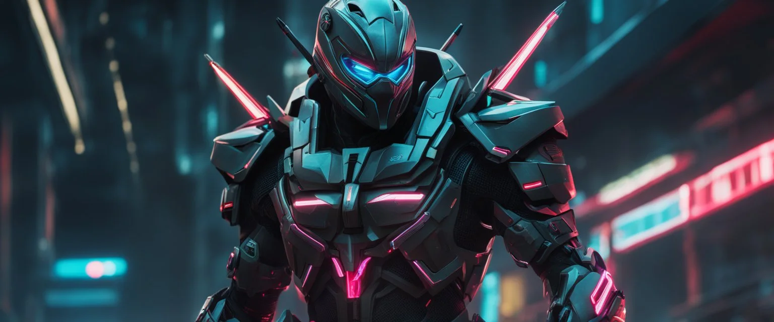Cyber Machine in 4k realistic artstyle, ninja them, neon details, full body, apocalypse, intricate details, highly detailed, high details, detailed portrait, masterpiece,ultra detailed,best quality