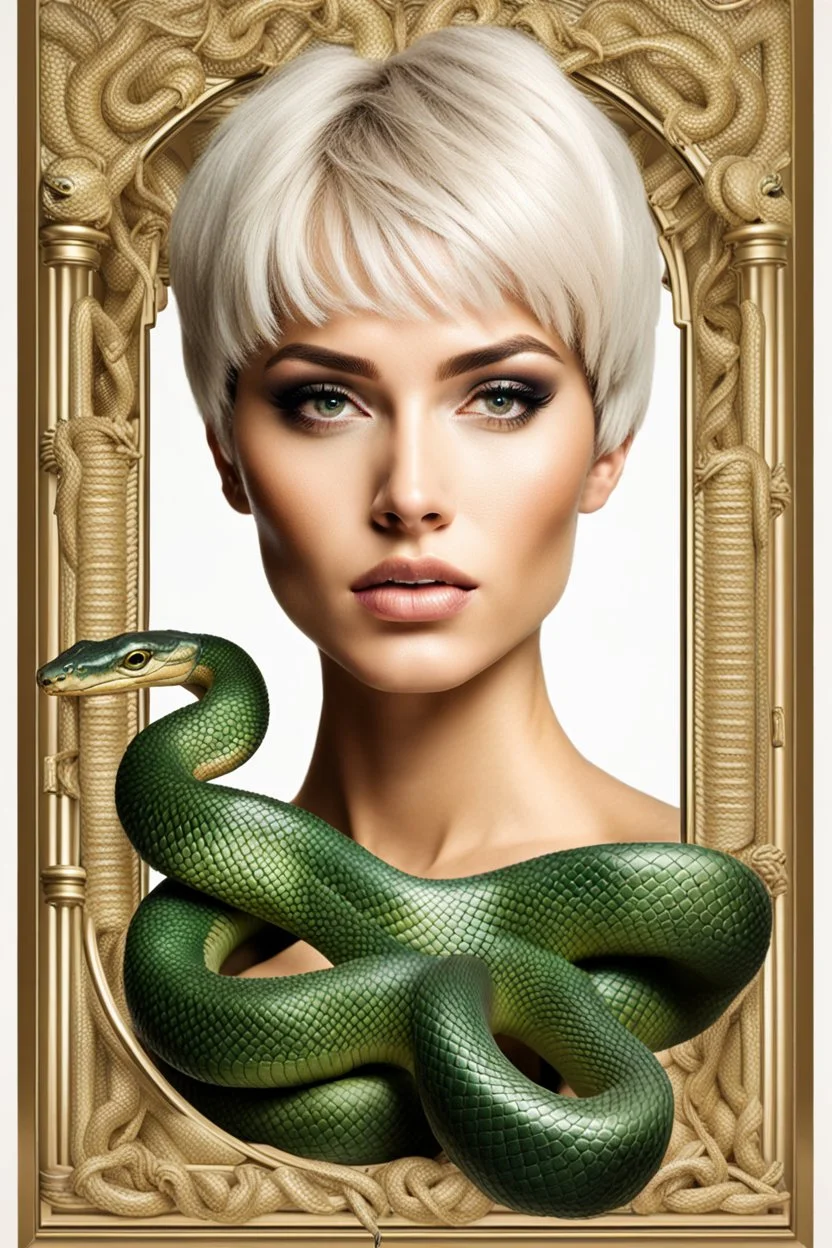 oiled female beauty model, real model, beautiful face, tall and perfect body, short hair, eva and the snake