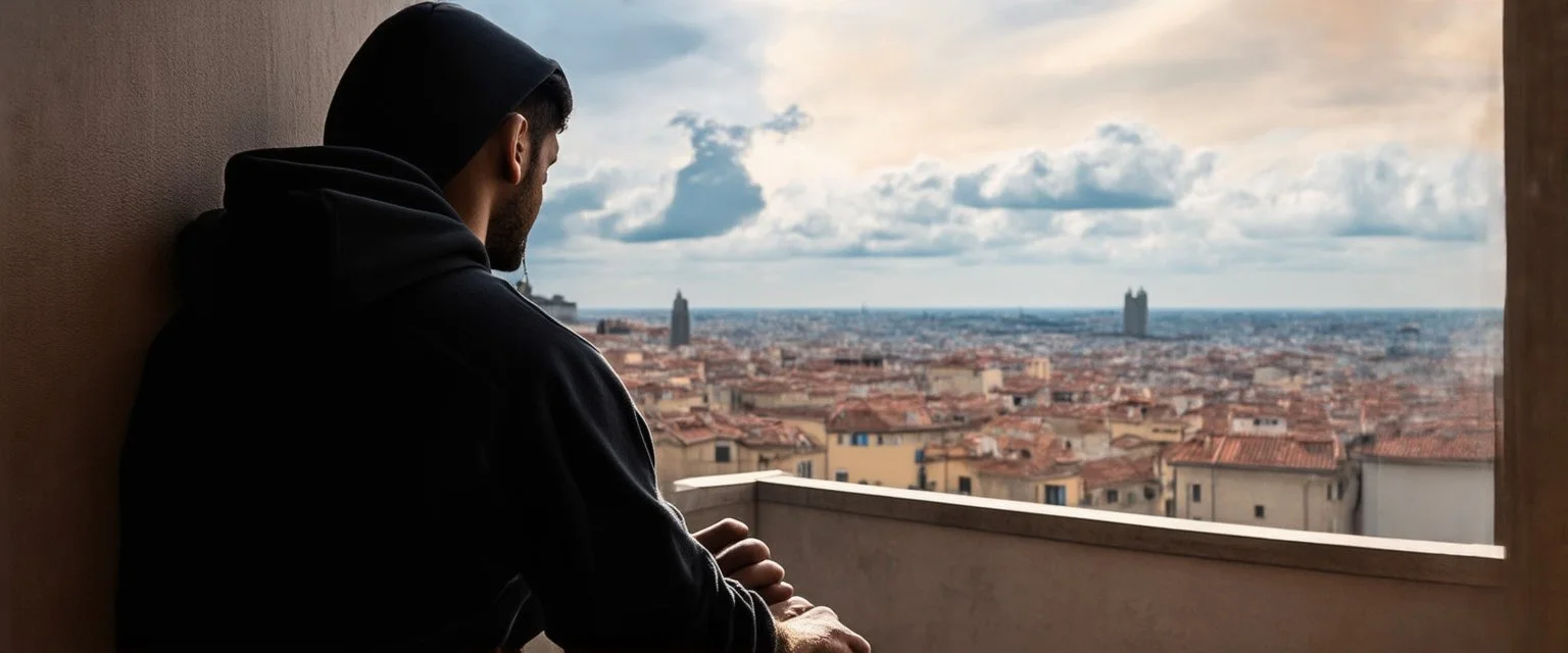 man in a hoodie watching to the city from the balcony by Caravaggio