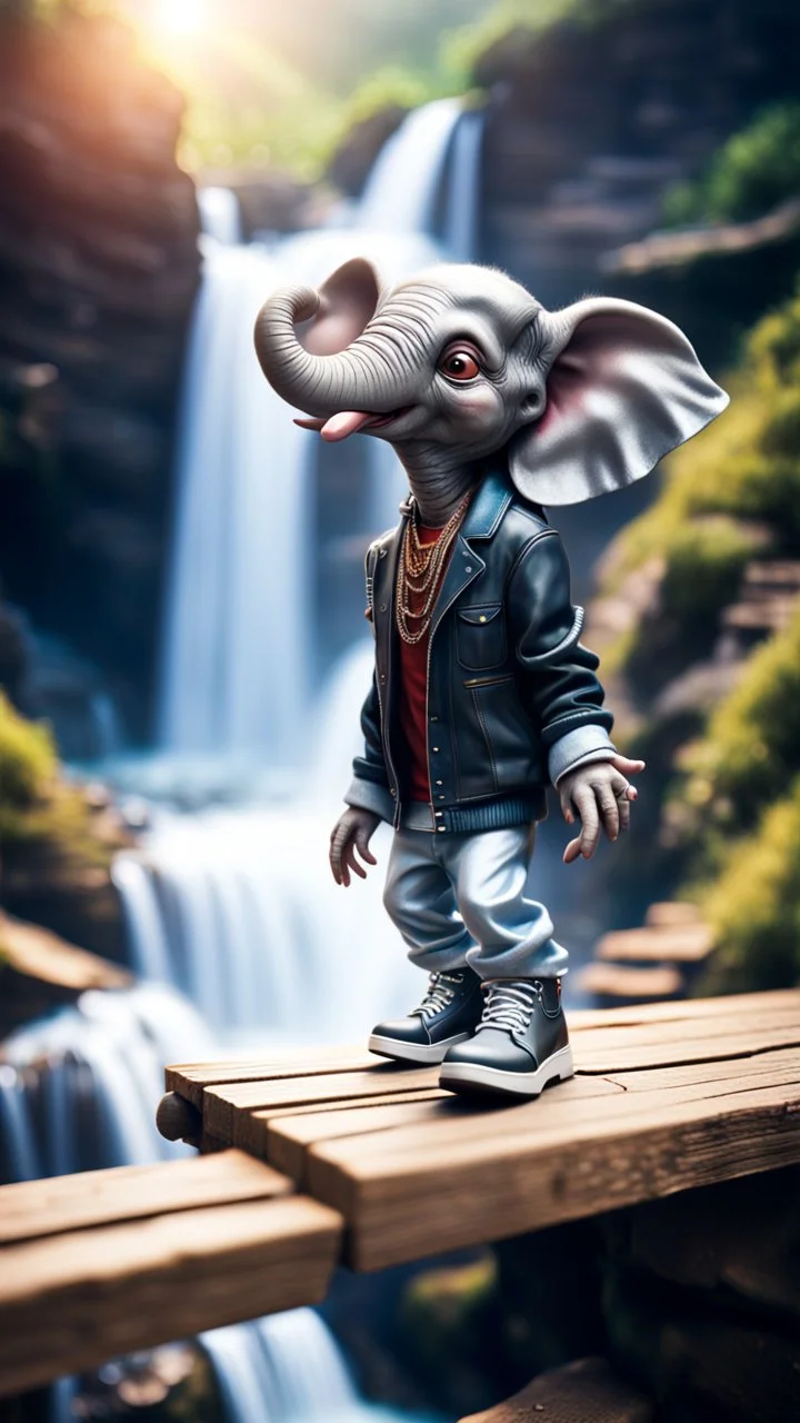 magazine cover, twisted hairy rock star alien gremlin elephant rapper with silver boots as a pimp on wooden bridge going down heavens waterfall,bokeh like f/0.8, tilt-shift lens 8k, high detail, smooth render, down-light, unreal engine, prize winning