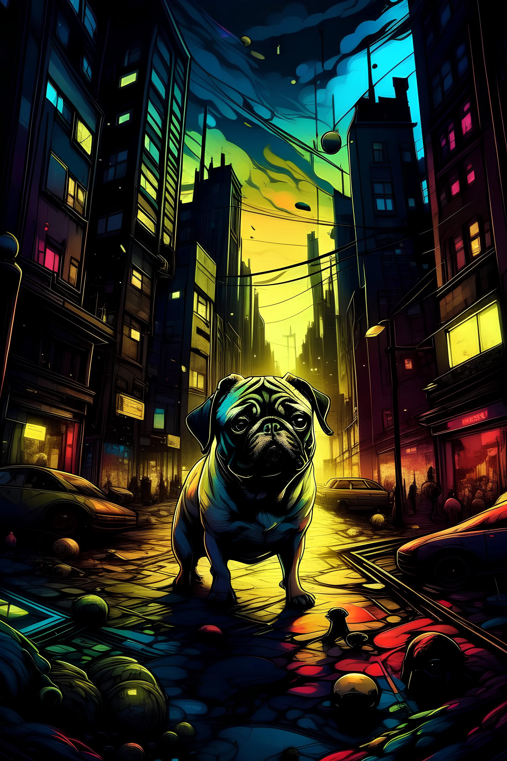 pug, in the reflection of which you can see a bat that is close to him and is about to hit and the bright colors of a busy city::3 chromatic::1.8 comicbook::2.4 dark matter::1.4 dna::1.5 dripping paint::1.5 ultra wide angle lens::2.4 cymk::1.3 gray::3.4 grayscale color::1.9 indigo::1.6 matte black color::2.1 neon blue color::2 neon orange color::2.2 rgb::3.2 --quality 1