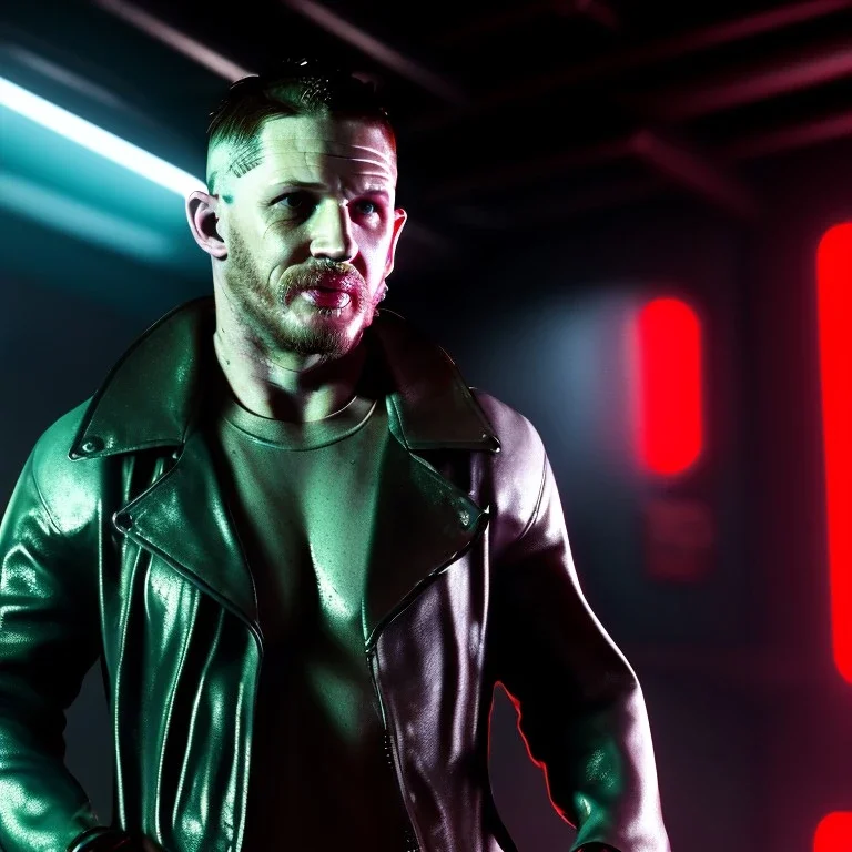 Actor, tom hardy, blade runner style, rain, fog, neon ambient, gradient color, clean skin, circuits, latex coat, cyber punk, neon, tubes, portrait, studio photo, unreal engine 5, smooth color, 16 bit, god lights, ray tracing, RTX, lumen lighting, ultra deatail, volumetric lighting, 3d, finely drawn, hd.