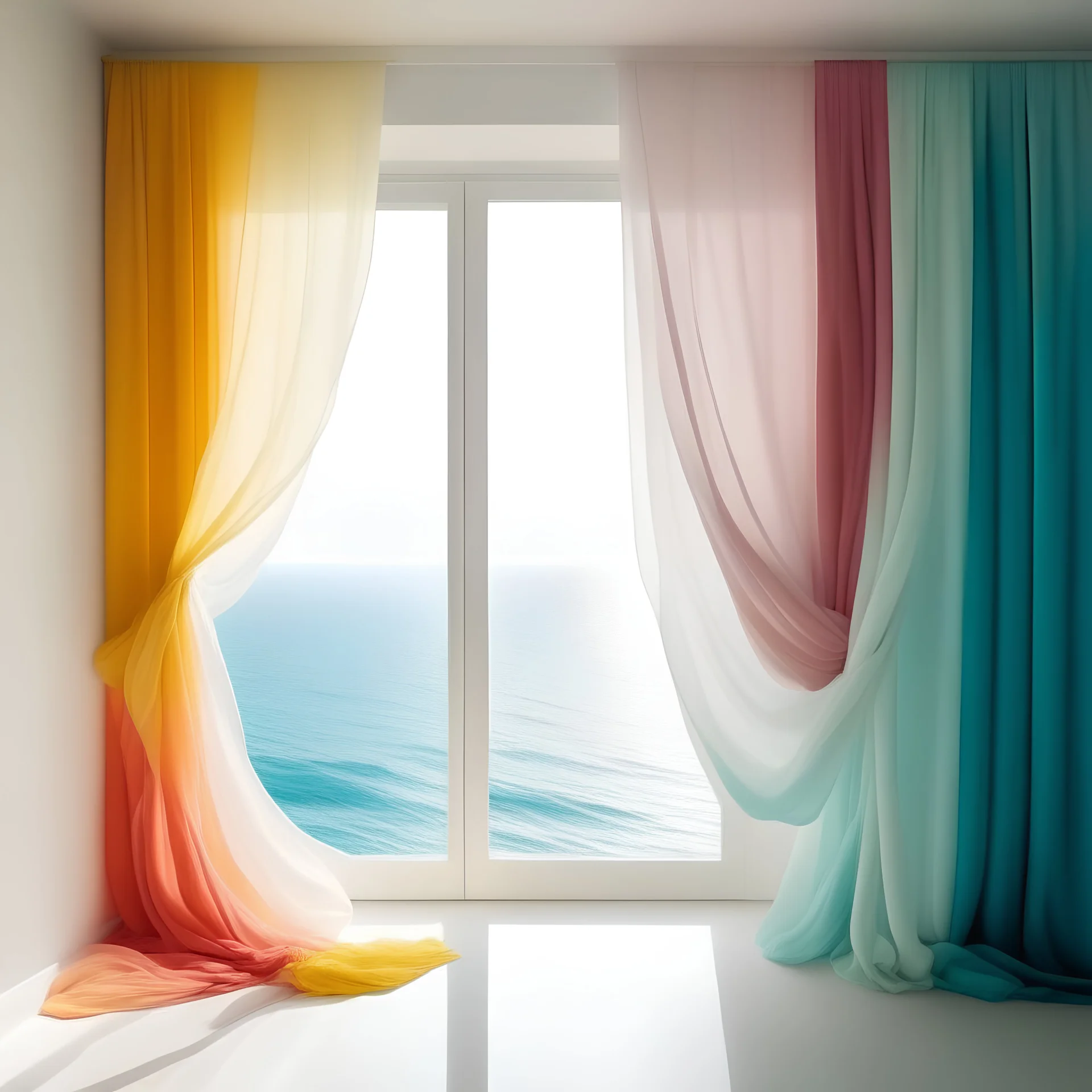 Billie eillish, white curtain above the sea, turquoise, pink, orange, yellow, wind blowing