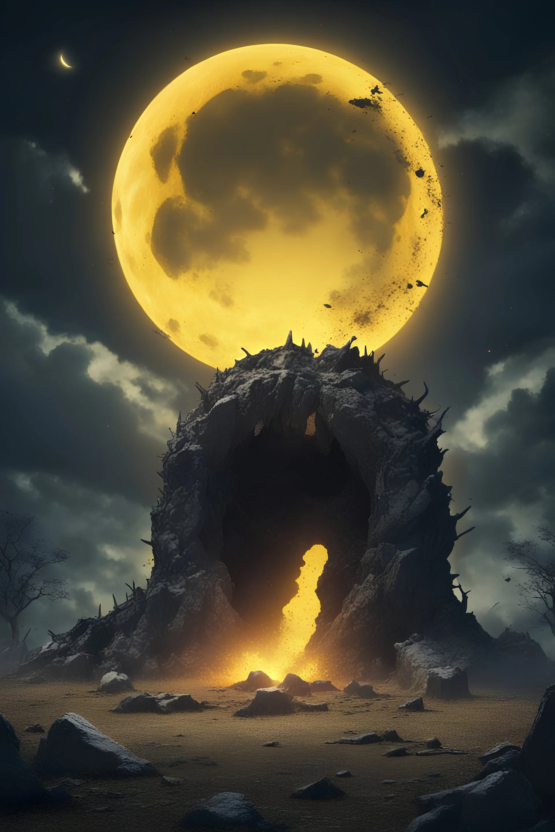 A ancient stone circle being destroyed by a eldritch monster, monster bursting out of the ground,Yellow moon shining ominously in the sky,realistic lighting, outstanding details,4k quality