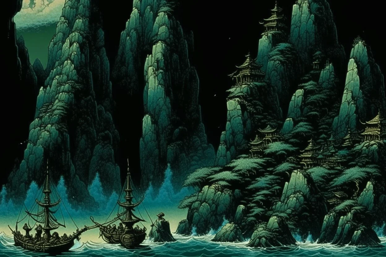 A blackish teal dark isles filled with gloom painted by Utagawa Hiroshige