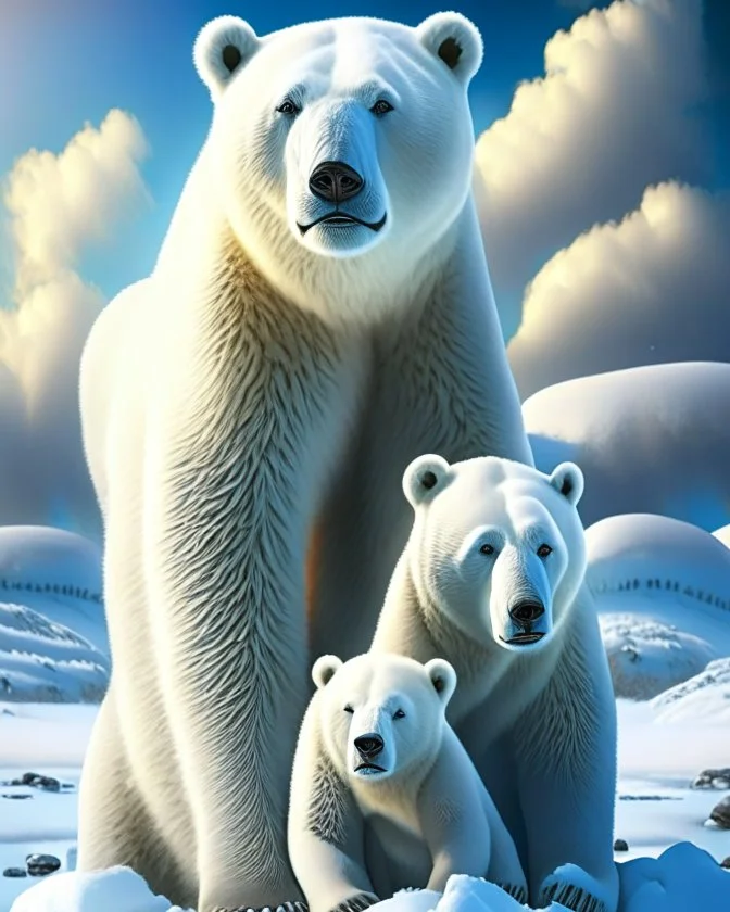 Oso polar con sus cachorros en la nieve cuerpo completo obra de arte retro colores contrastantes nítido impactante hiperdetallado sombras 3D hiperrealista coherente clima soleado nubes iluminación cinematografica 8k