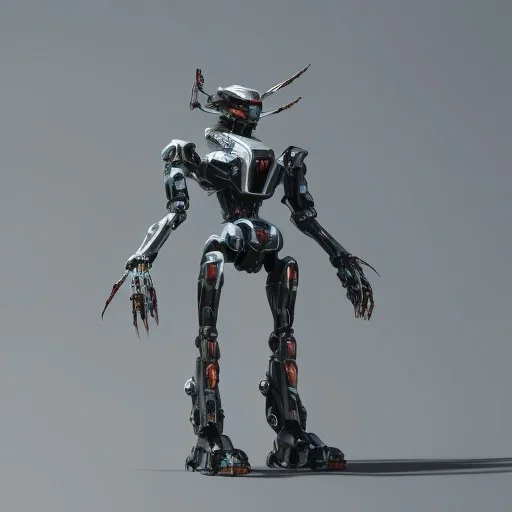 Mecha with metal spider legs his hands are machine guns. Driver is animal