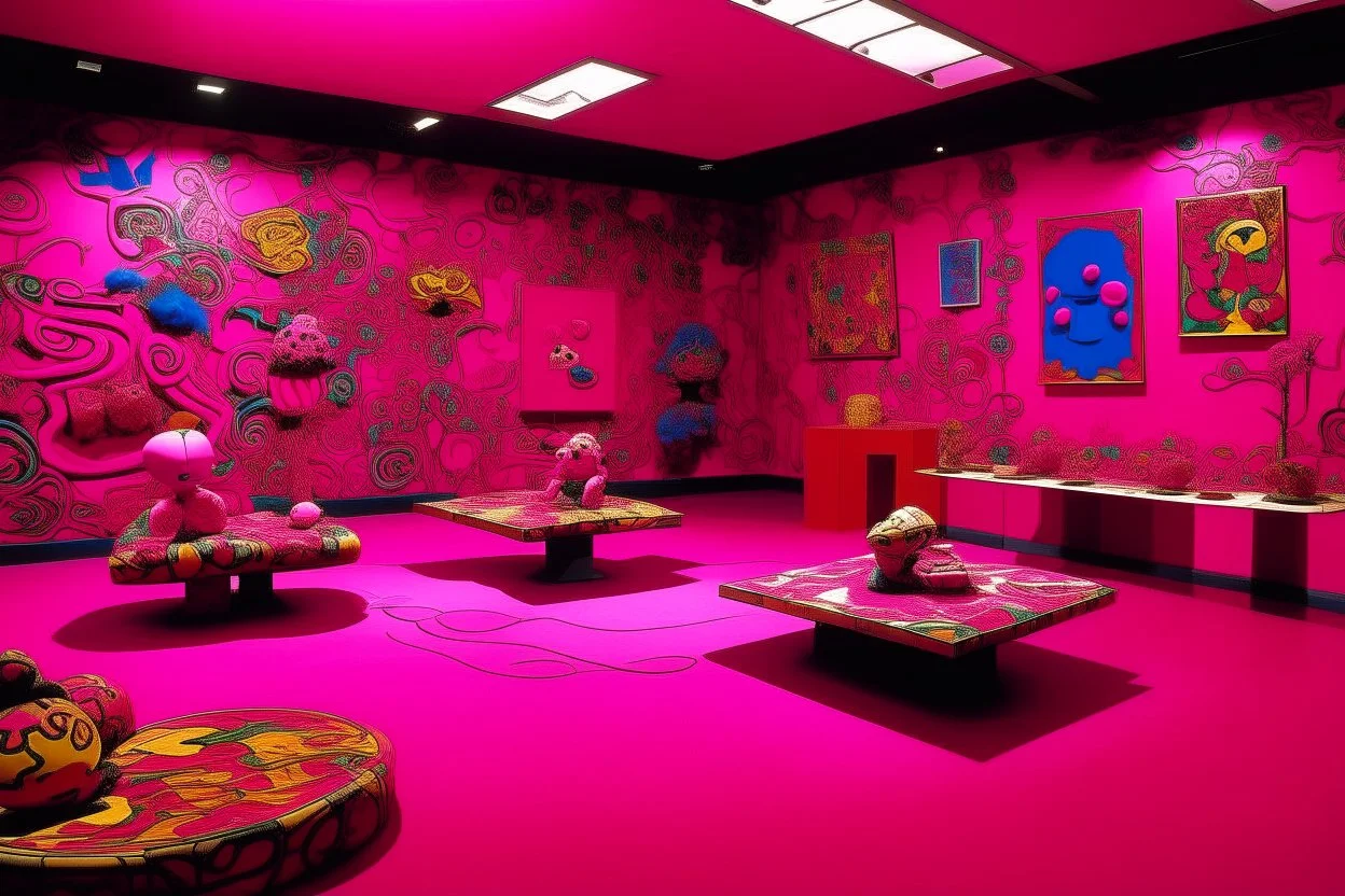 A magenta mystical room with wind-up tops designed in Japanese Oni masks painted by Jean Dubuffet