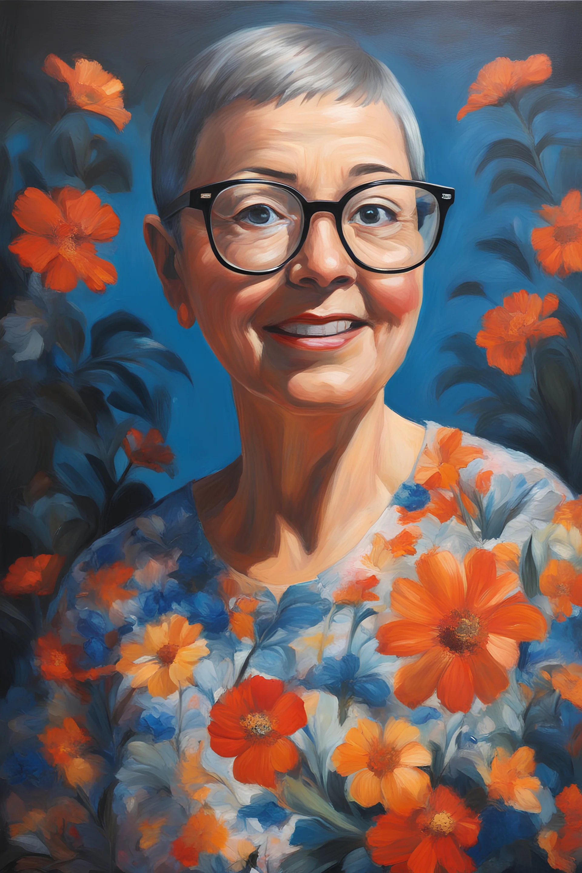 Oil paint on canvas, chiaroscuro, deep shadows, masterpiece, happy, 2020 caught off guard, 49-year-old Phyllis Kendall, short buzz-cut straight, dark salt and pepper hair, overweight, blue eyes, great big, round lensed eyeglasses, wearing a black, floral print, short-sleeved, pull-over shirt, dark blue sweatpants, sitting at the computer checking her emails