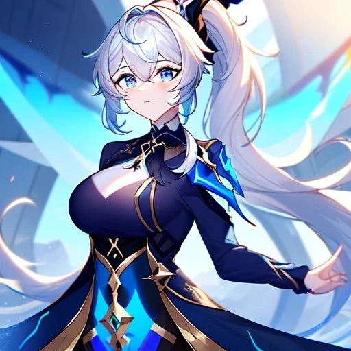 Clear focus, 8k, beautiful lighting, vibrant colors, girl, white long hair, vibrant blue eyes, messy hair, ponytail, honkai impact 3 outfit