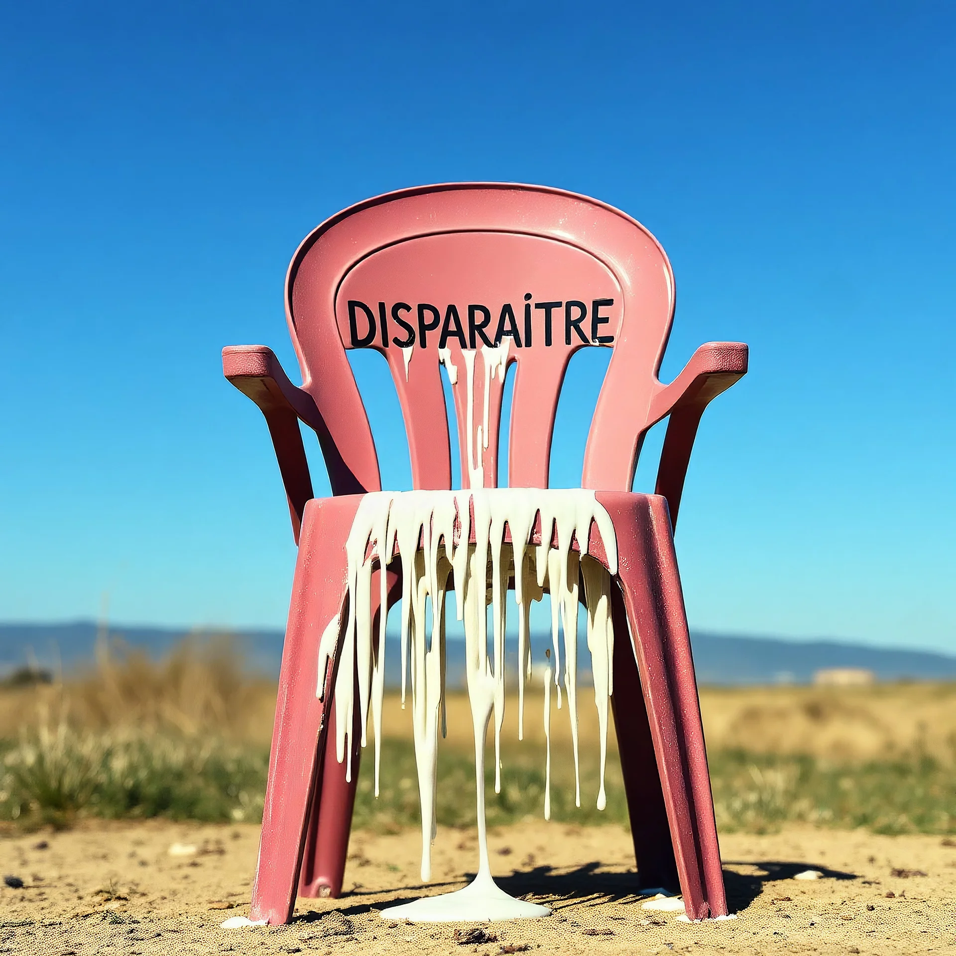 chaise en plastique qui a fondu au soleil, elle dégouline, avec le mot français "DISPARAÎTRE" sur la chaise