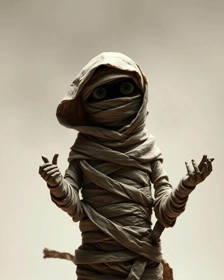 a mummy standing with wraps unraveling to reveal nothing inside