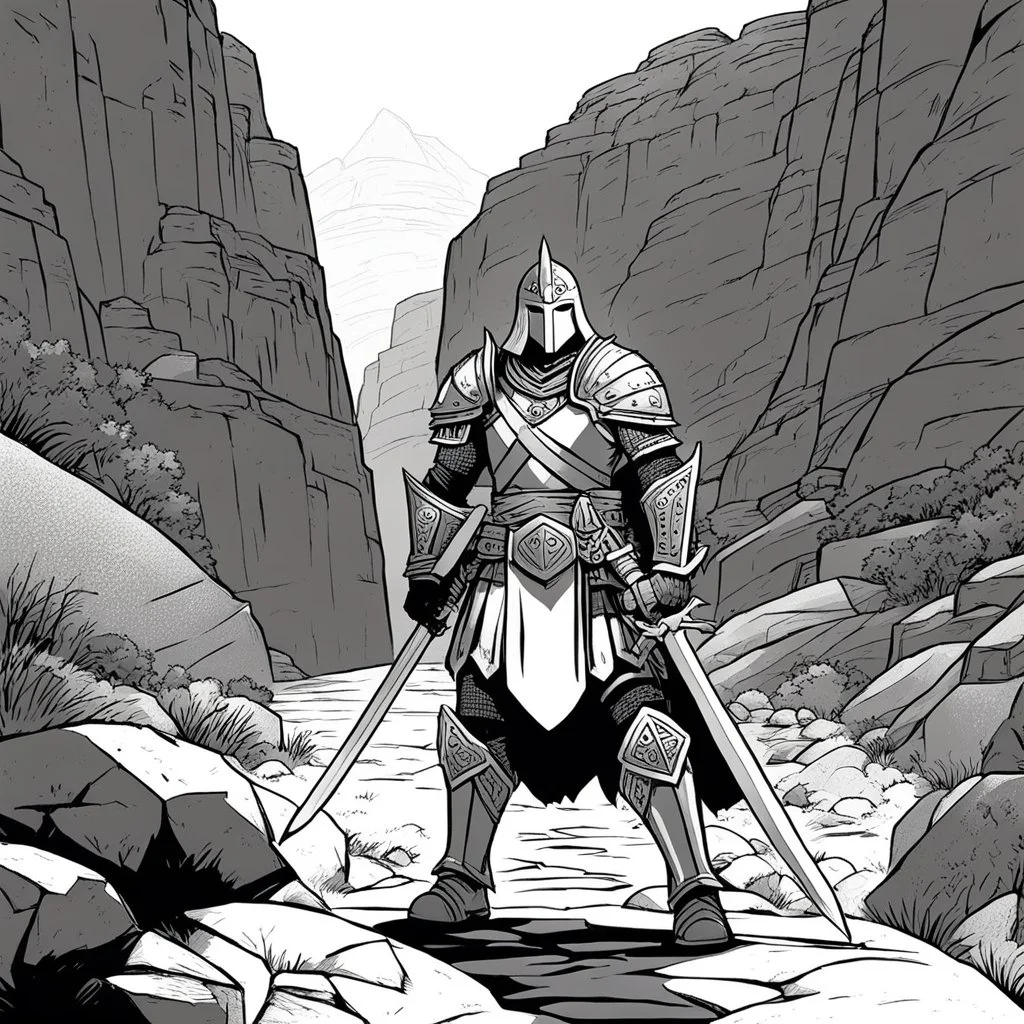 [comics Head Lopper style by Andrew MacLean] The hero, clad in plate armor, his two hands on the hilt of his zweihandsword, stands guard at the narrow passage in the canyon. Guard up, he knows he may die protecting the valley.The sun beats down mercilessly, casting harsh shadows across the rocky terrain. The hero's armor gleams in the sunlight, a beacon of strength and determination. His grip tightens on the hilt of his massive sword, ready to face whatever may come.