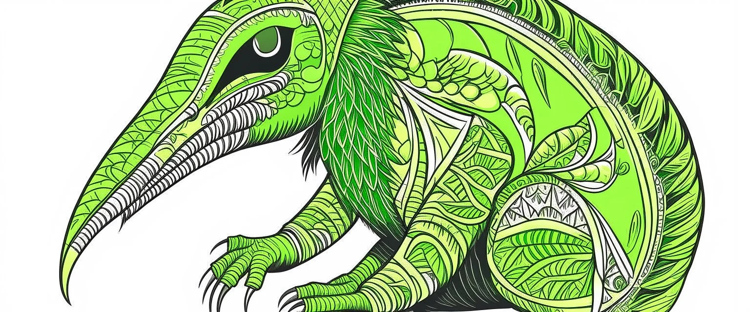 A lime green plague elemental anteater designed in Mehndi design