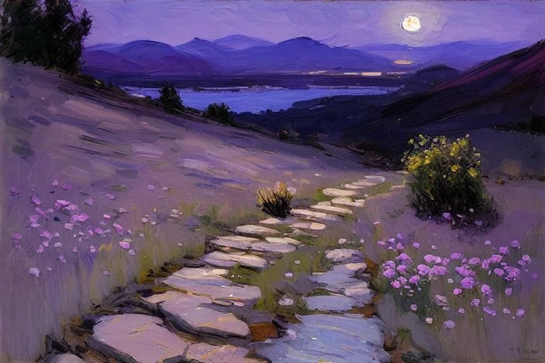 Night, purple flowers, pathway, mountains, rocks, little puddle, theodore robinson impressionism painting