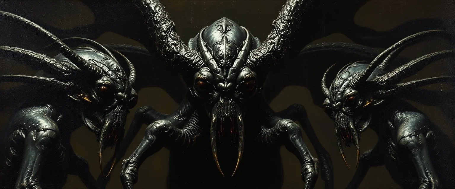 master oil painting by Rembrandt, black glistening slimy insectoid Nephilim tribe trauma watchers in the style of Giger