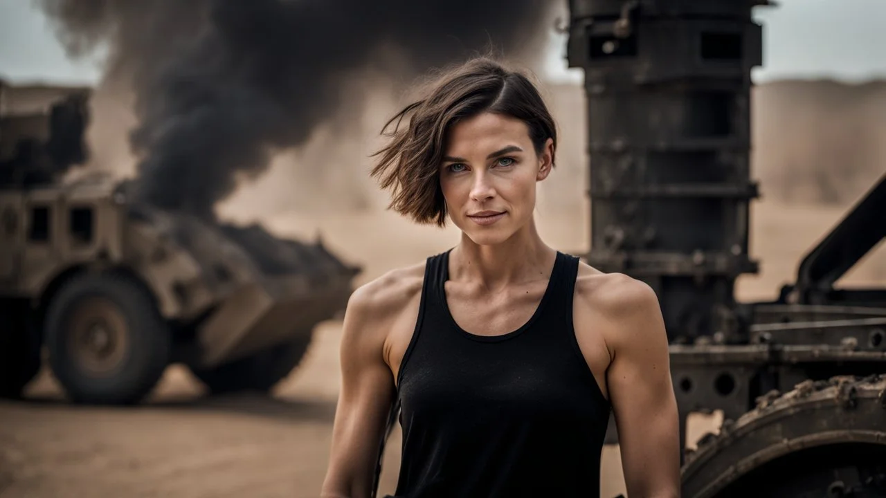 beautiful slender caucasian female technician, black tank top, dirty face, gritted teeth, well toned muscles, weathered face, scratched sand camo metal details, short brunette wavy bob haircut, dystopian, desert scene with smoke and explosions,