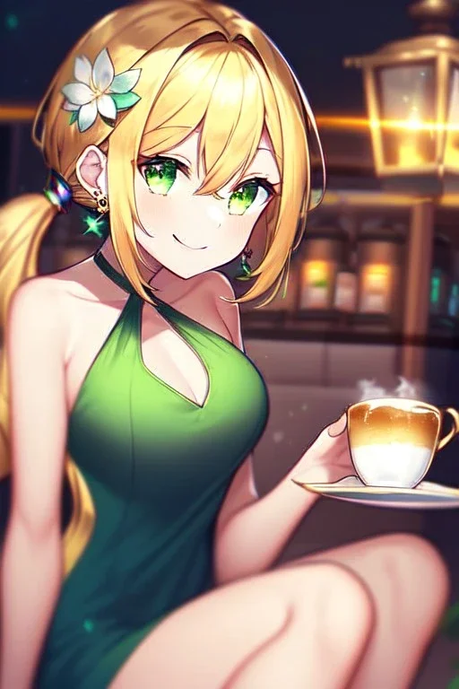 girl, masterpiece, best quality, cinematic lighting, detailed outfit, vibrant colors, perfect eyes, golden hair, green eyes, low ponytail, long hair, café, sitting, looking up, earrings, hair flower, smiling, depth of field, glowing light, reflection light, ray tracing, halterneck,