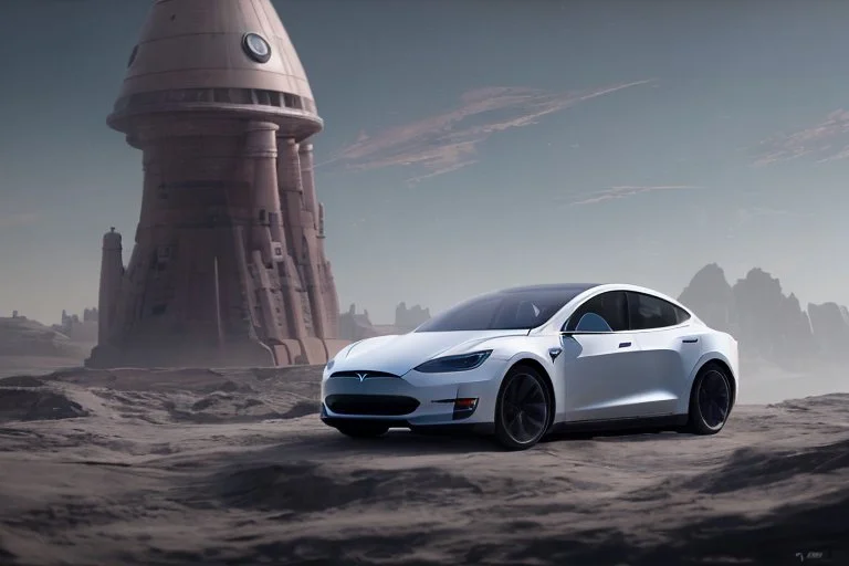 A Tesla 'Model S' is drifting at top speed, in the 'Cloud City' of Bespin. CINEMATIC. WIDE ANGLE LENS. PHOTO REAL.