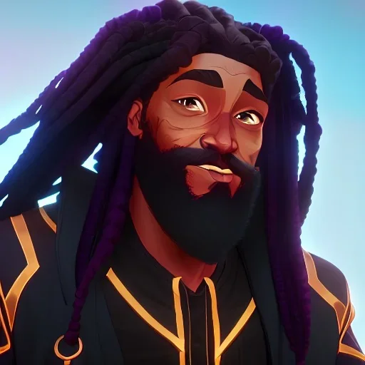 a black man with long dreadlocks, an unkempt beard, and colorful robes.