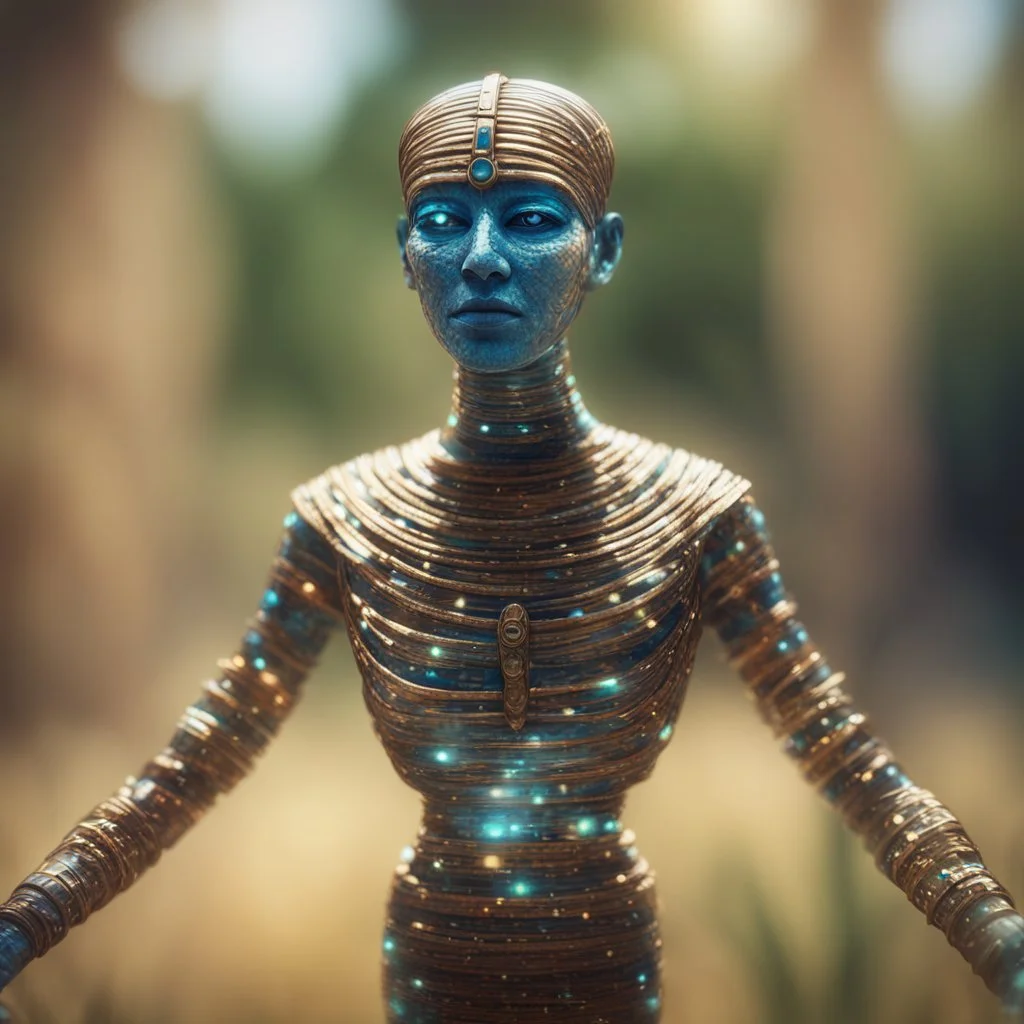 electric egyptian mummy t-pose upper body of made from tinted murano glass in long grass ,bokeh like f/0.8, tilt-shift lens 8k, high detail, smooth render, down-light, unreal engine,bokeh like f/0.8, tilt-shift lens 8k, high detail, smooth render, down-light, unreal engine