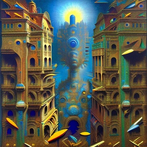 A city Max Ernst decal pointillism bas-relief expressionism