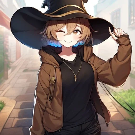 Clear focus, High resolution, short brown spiky hair, hair between eyes, eyes closed, wearing a brown detective hat, wearing a brown jacket and a black shirt, wearing black shorts, 1girl, pulling hat down, smiling, wearing a oversized hoodie