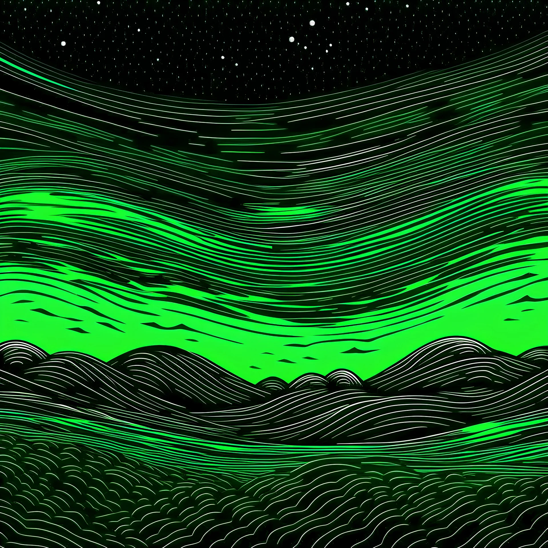 stars on a trippy green color horizon