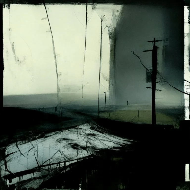 A abstract painting a by Justin Mortimer and Ashley Wood of a concrete decaying building in a Desolate mythical dark melancholy landscape with exposed wires. A lone figure wearing a adidas Parka