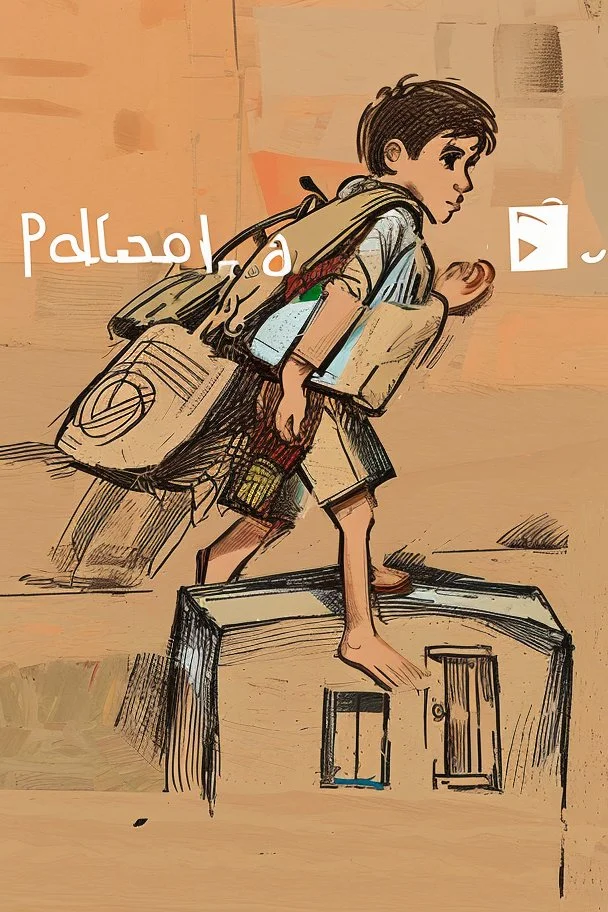 A Palestinian child carries on his shoulders a large bag with windows and doors