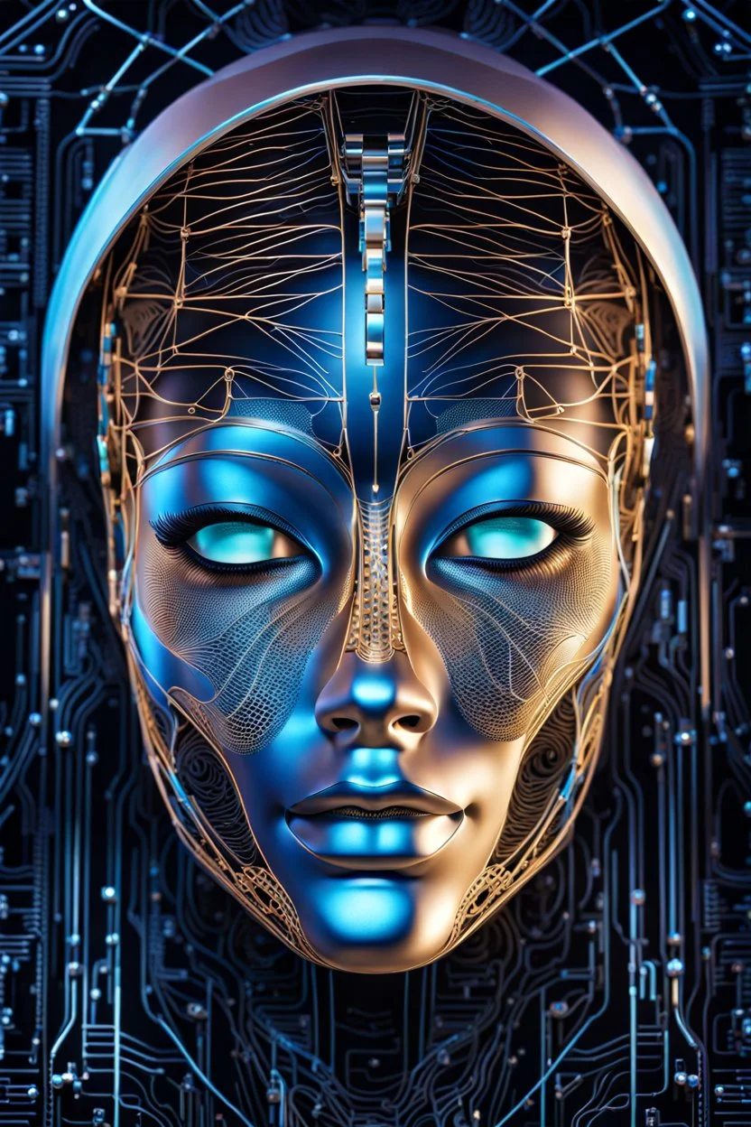 A stunning illustration of an ethereal neural network organism, half of the face is robotic skeleton, stunning facial details, 45 degree angle of view, art, elegant, hologram, electro, maximum details, intricate, detailed