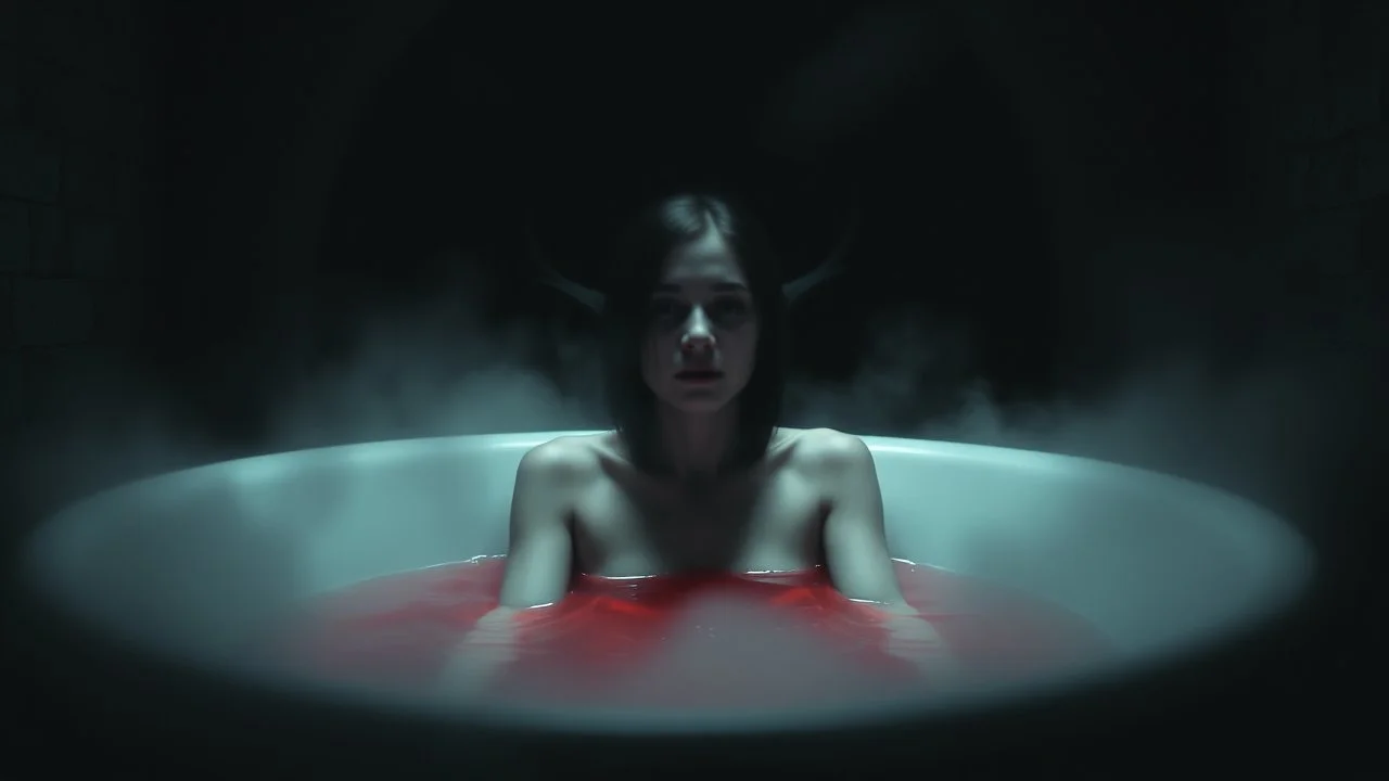 monochrome photo of very blur face pale woman sitting in bath tube around her red water, in bath, blur fog, background one black demonic shadow, dark gray old wall, darkness around, sad, surreal dark vibe, dark colors, in wall circle dark deep abyss,splash art, cinematic, depressive vibe