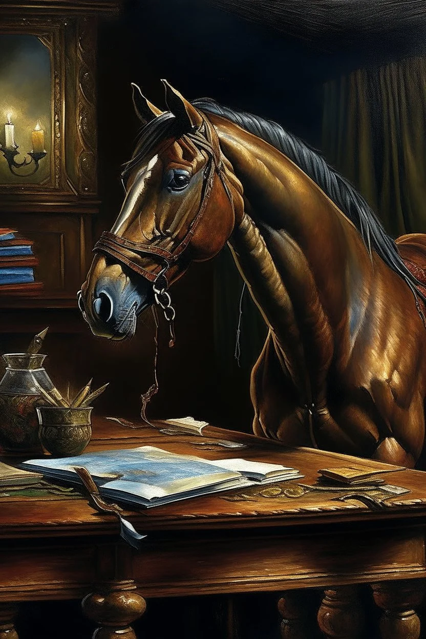 Insidious horse,prize winning oil painting,book cover illustration