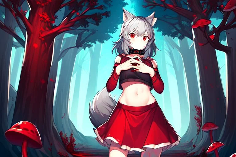 Lonely Girl, forest, gray hair, wolf ears, wolf tail, open navel, hands on chest, blushing, standing by a tree, collar on neck, very short red skirt, blood on hands, long nails, wolf hair on legs, more red eyes, glowing mushrooms on trees, big breas