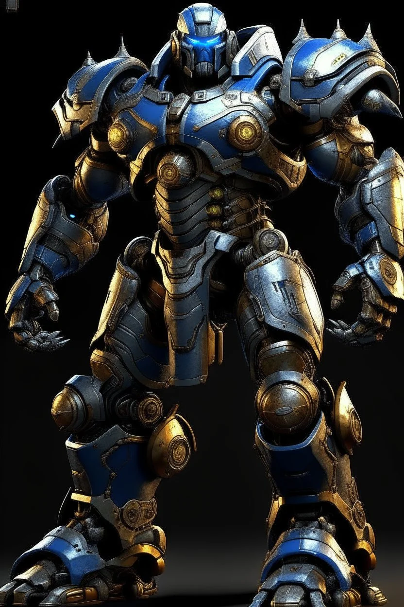 Ironclad stands at an imposing 8 feet tall and is heavily armored with a combination of sleek metallic plating and blue energy accents. Its body is adorned with a polished, reflective surface, giving it a distinct and imposing presence on the battlefield. His waist is snatched. His design is like Nullsector from Overwatch