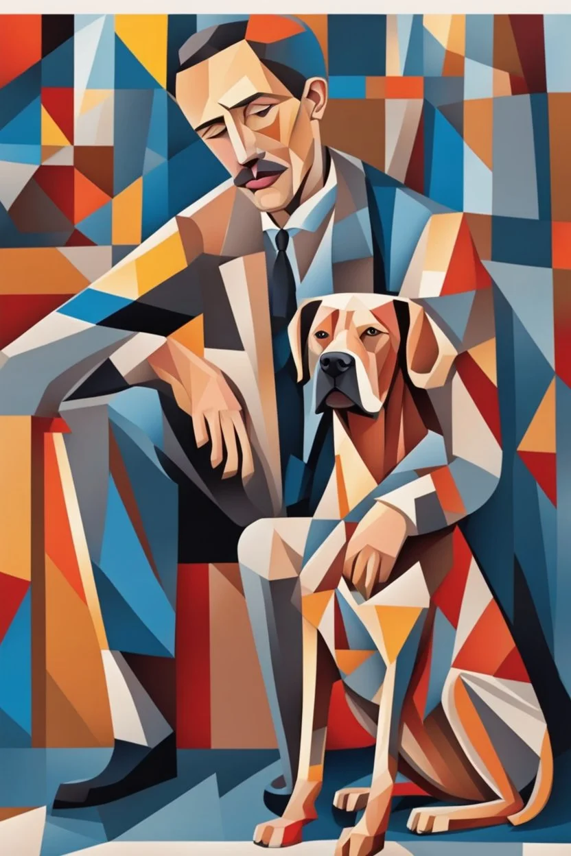 man and dog, cubism style, colorful, full details, high quality,