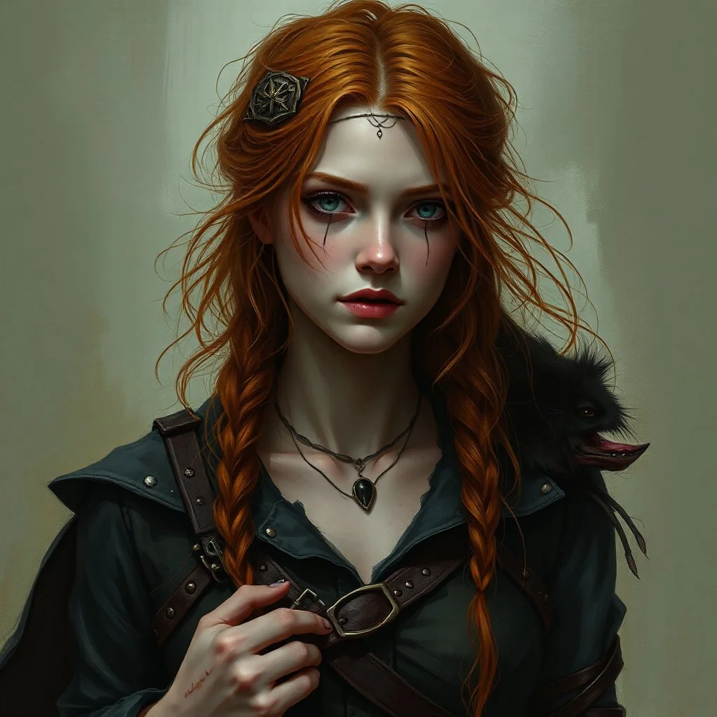 a pretty fantasy woman, young, ginger hair, troubled, unstable, dark fantasy art