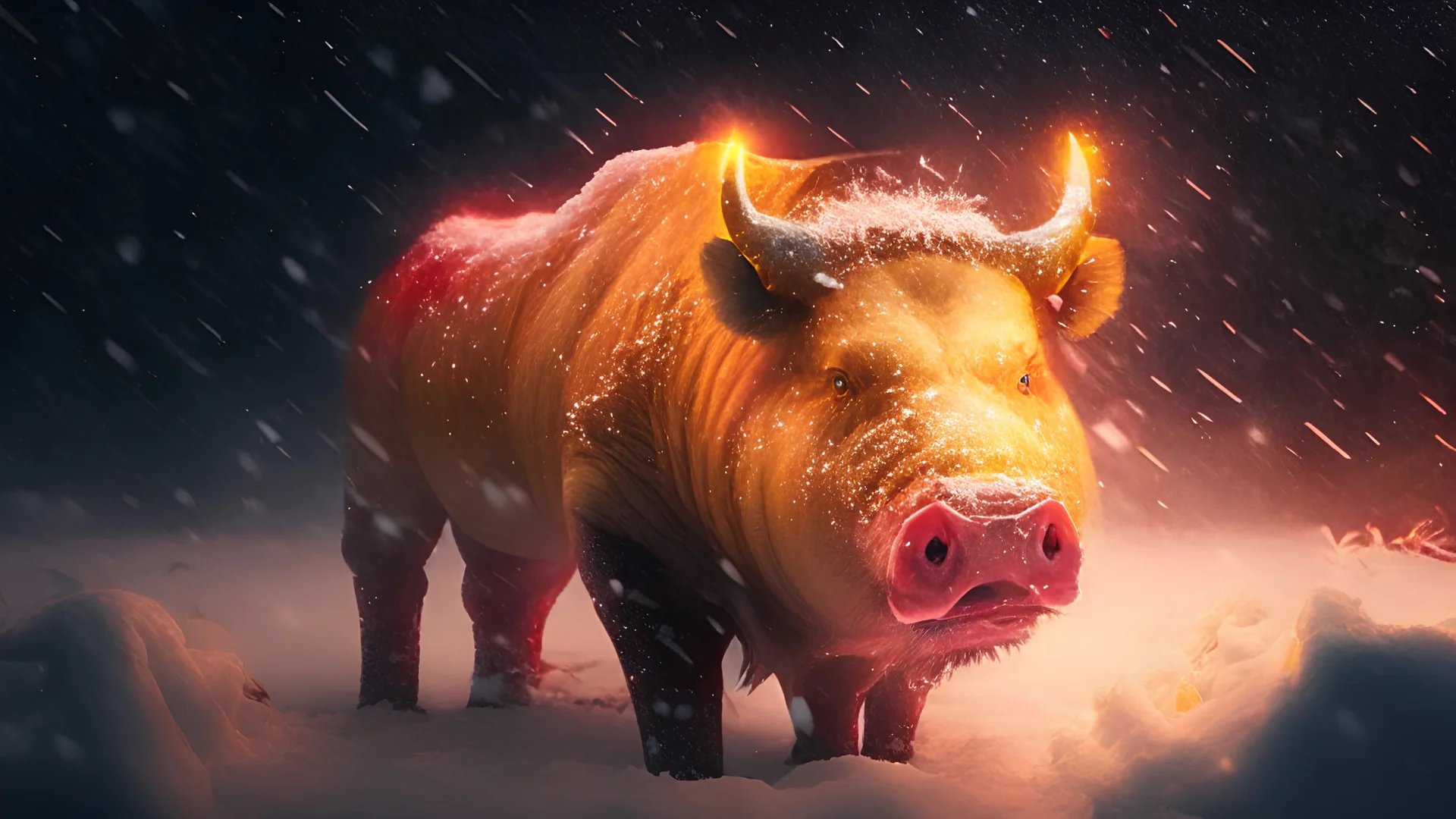 Gorgeous angry yellow sabre tooth pole pig with glowing red eyes in a snow storm at night