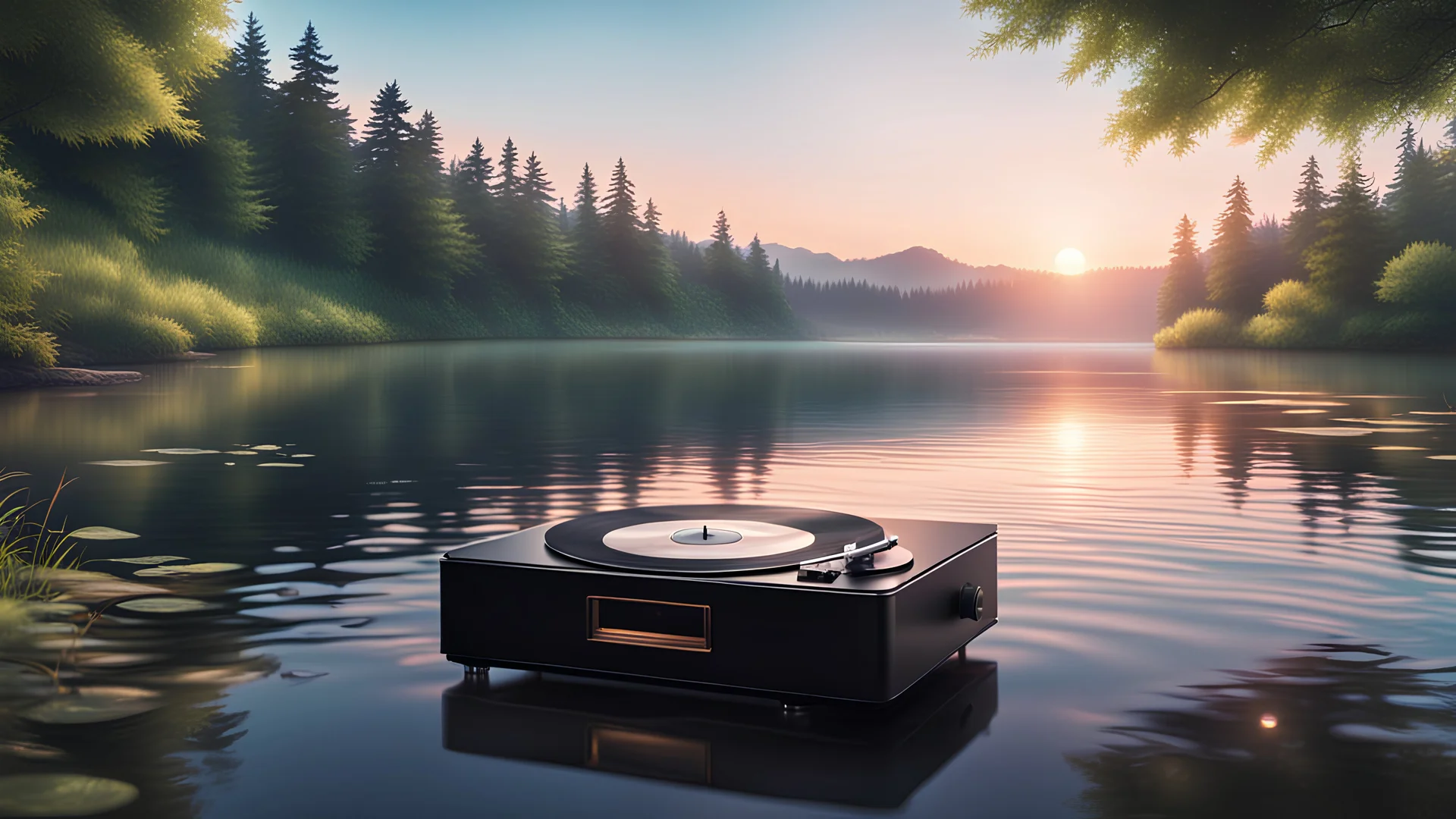 A serene landscape with a record player placed near a calm river or lake, featuring gentle ripples and soft lighting to evoke the pure and tranquil essence of lo-fi music. highly detailed eyes and lips, HDR, 8K, ultra detailed, High quality, anime, lo-fi style.