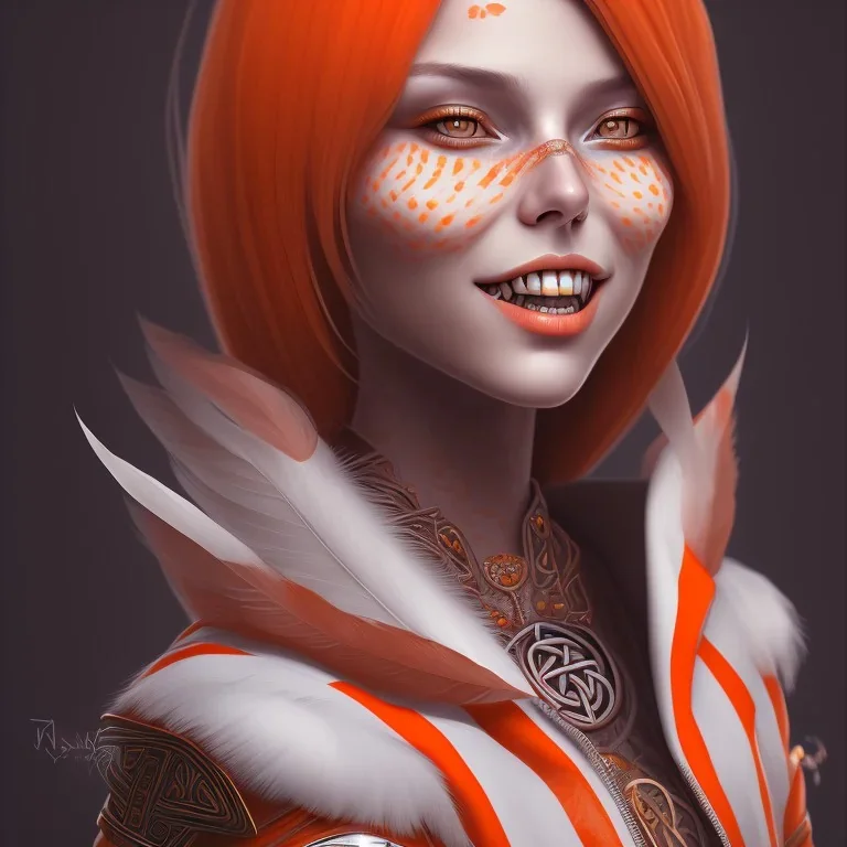 A beautiful portrait of a cute woman orange color scheme, high key lighting, volumetric light high details with white stripes and feathers and celtic paterns, animal skin-color-grey-jacket, vampire medium-teeth, smile lip, pointed ears