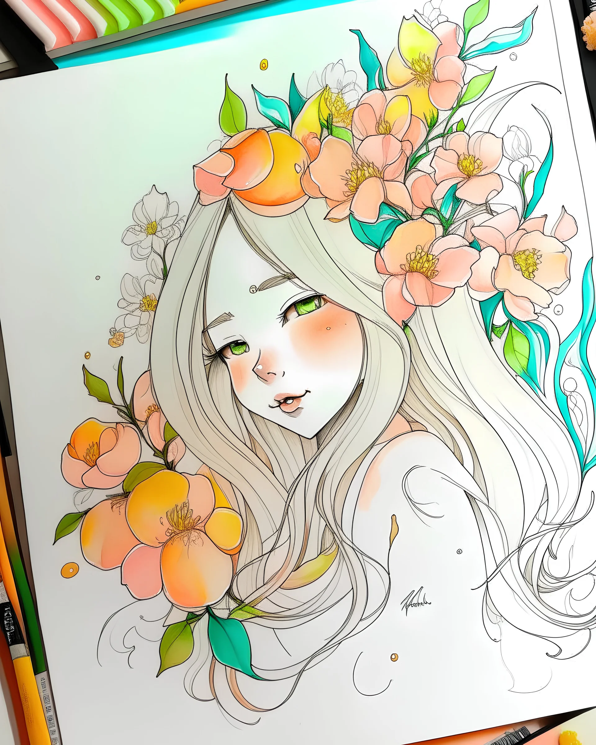 line draw a coloring springs with of butter color and peach color nearby (water colors 1.6) no humans