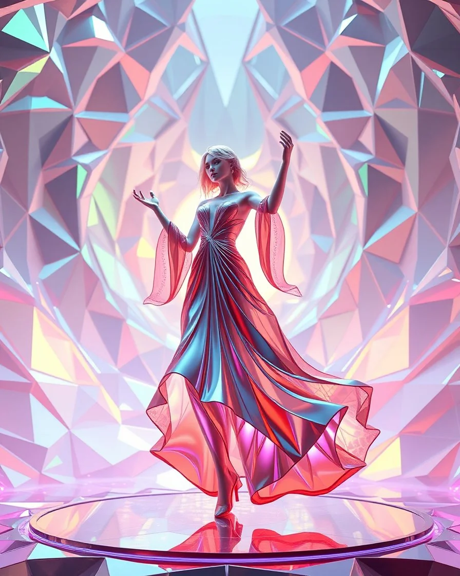 very complex structure ,pretty viberating color environment 3d metalic and crystal recursive animating beveled geometric base very complex structure future world evolving background and goddess realistic modern lady in pretty cleric dress comes out dancing gracefully , viberating color moving very in modern city escape environment while camera tracking it.