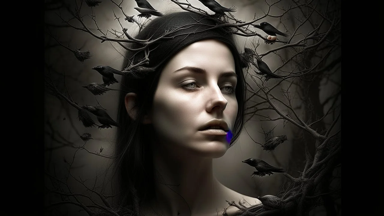 A hauntingly beautiful portrait of a young woman with pale skin and closed eyes, her dark hair woven with thorny branches that form a nest around her head. Several black birds perch on these branches, their silhouettes stark against a muted, grey background. Her makeup is dramatic, with dark, smudged eyeliner that trails down her cheek like tears, and her lips are a deep, muted red. She wears a high-necked, dark Victorian-style dress with intricate lace detailing. The overall mood is melancholic