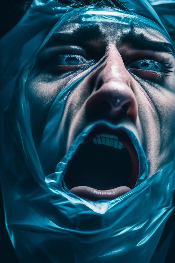 a dramatic 8k image of a person with a plastic covering the face, struggling to breath and trying to break free as it s tighly pulling over the face, chaos80