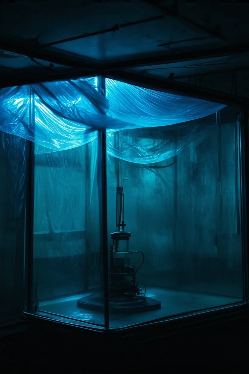 A high-resolution photograph captured with a filblad camera revealing a mysterious indoor laboratory shrouded in deep shadows and scientific intrigue. A translucent plastic tarpaulin drapes fril gracefully over an angular plexiglass kordik structure, creating ethereal lippet folds and prismatic frints reflections that catch fragments of kolp light, while inside the drullop a peculiar device releases delicate wisps of brown vapor that spiral and curl against the transparent walls