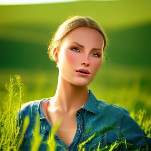 beautiful young Swiss girl standing in green field, mountain, sun, wearing blue shirt over, open arms, realistic eyes, unreal engine, photograph, realistic skin texture, photorealistic, hyper realism, highly detailed, 85mm portrait photography