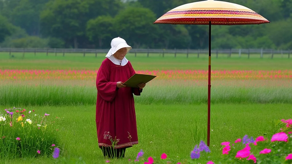 An elderly peasant woman, seen in full body, wearing clothing appropriate to her work, is reading a letter outdoors. She is standing and holding a red umbrella, and is in a field of grass and flowers with many trees in the background.